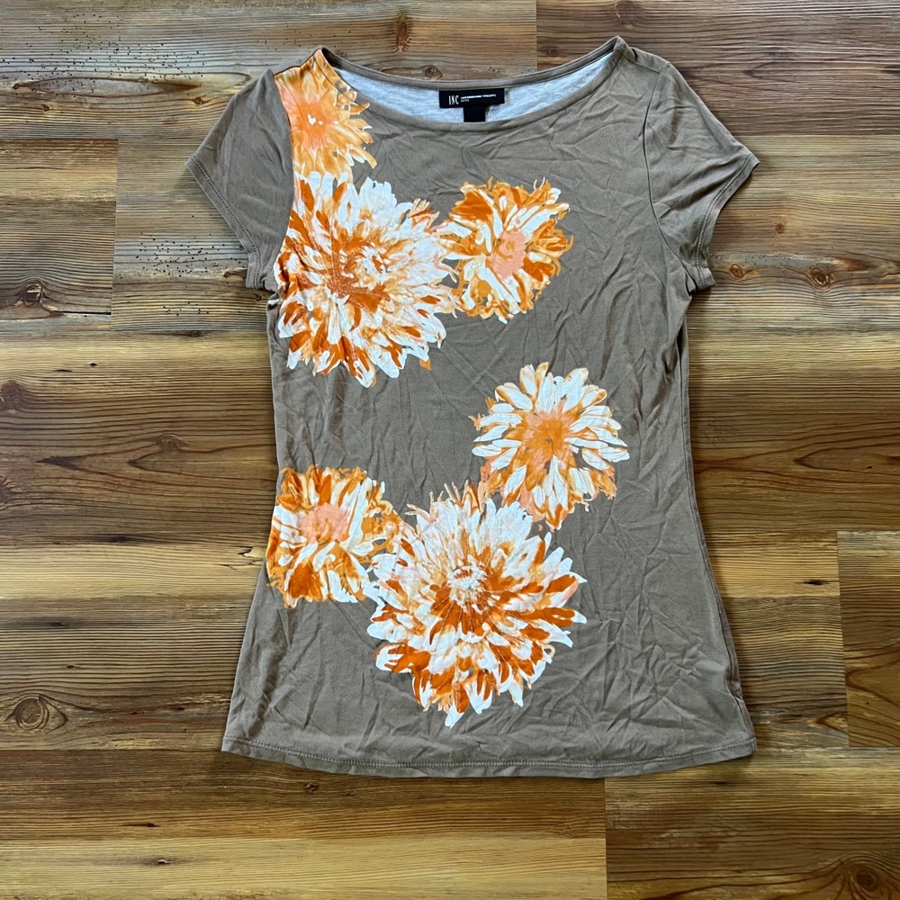 INC International Concepts Women Medium Petite MP Brown Orange Y2K Floral Top
